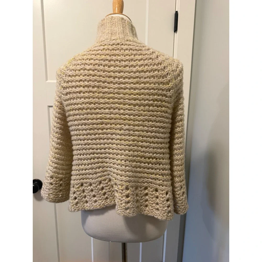 Free People Chunky Knit Cardigan Cream Gold Metallic‎ Funnel Neck Wood Buttons